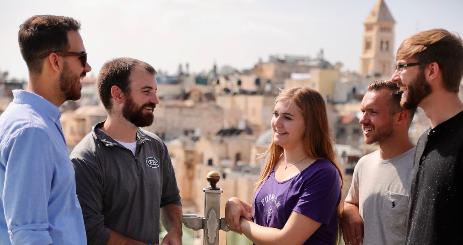 JUC students talking on the Jerusalem campus